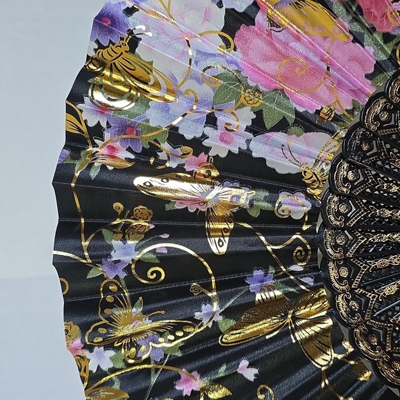 Black Gold Butterfly Floral Design Folding Hand Fan New - Picture 4 of 5